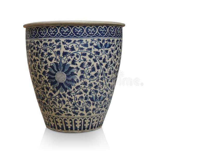 Antique white and blue vase on white background, object, decor, home, vintage, retro, old, copy space. Traditional big metal pot stock images, royalty-free photos and pictures