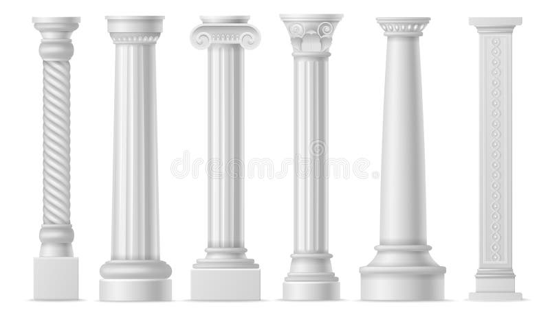 Antique white columns. Roman historical stone colonnade or pillars, realistic marble pillar ancient greece architecture, classic column art objects vector isolated set. Antique white columns. Roman historical stone colonnade or pillars, realistic marble pillar ancient greece architecture, classic column art objects vector isolated set