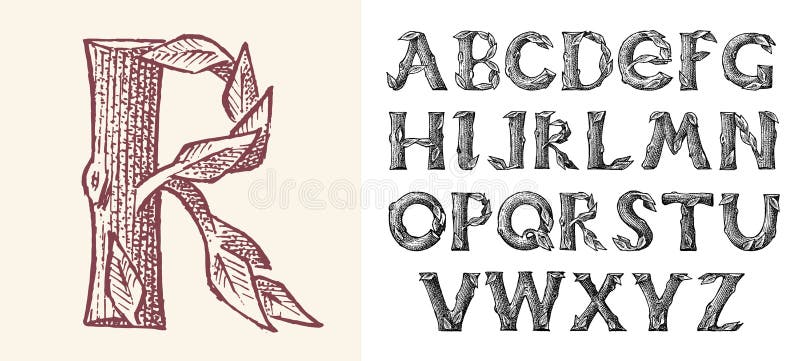 Antique wood Font for forest posters. Decorative ancient alphabet. Vintage typeface. Double exposure Trees and branches stock illustration Antique wood Font for forest posters. Decorative ancient alphabet. Vintage typeface. Double exposure Trees and branches stock illustration
