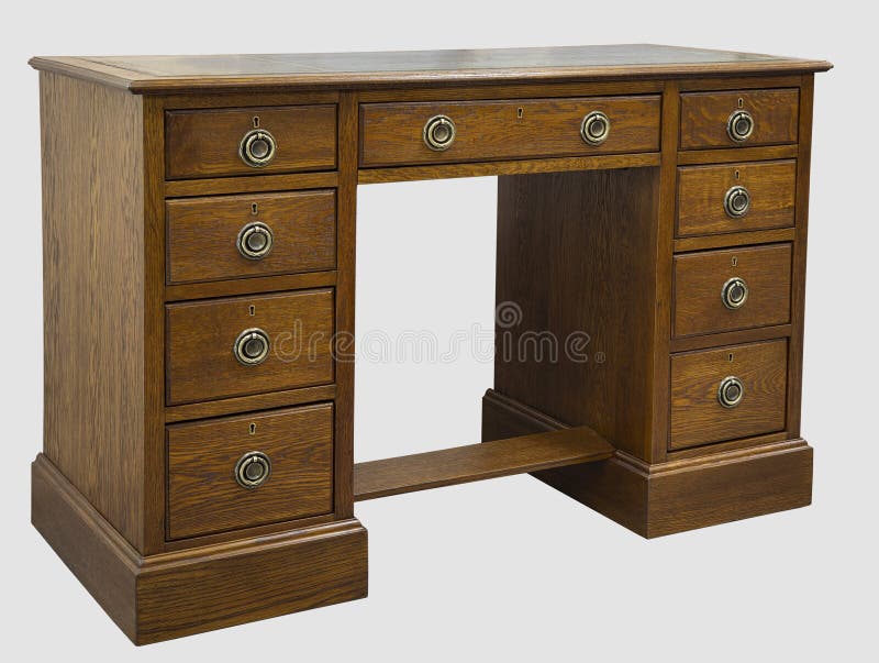 Antique Wood Writing Desk Isolated on White Background Stock Photo