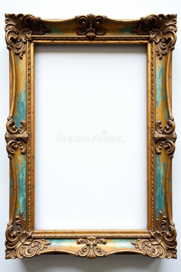 Antique wooden frame, distressed patina, white backdrop, empty frame, minimal background, cracked royalty free illustration