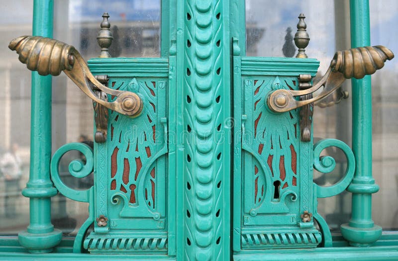Antique Wrought Iron Gate Detail with Keyhole and Handle Stock Photo