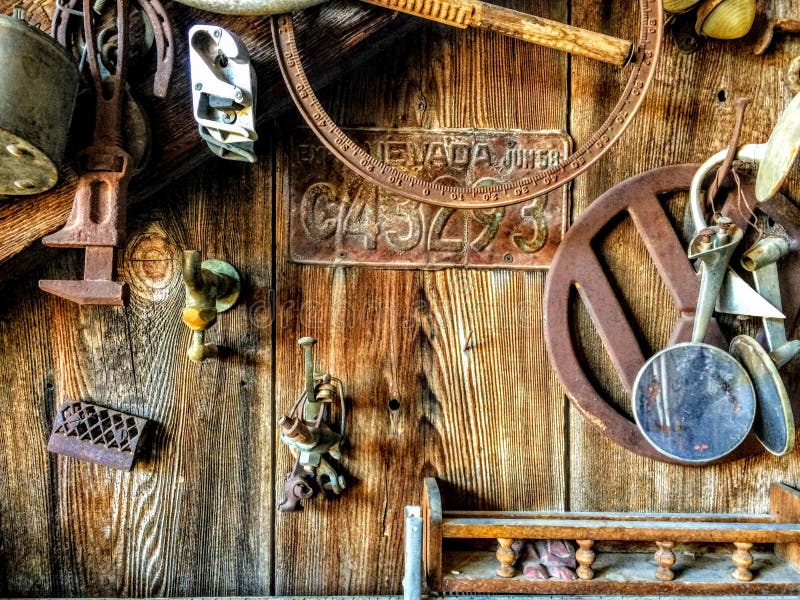 Antiques Hanging on Wooden Barn Wall, Artistic, Rustic Stock Image