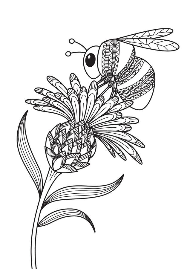 Antistress Doodle Coloring Book Page for Adult. Bumblebee on the Flower ...
