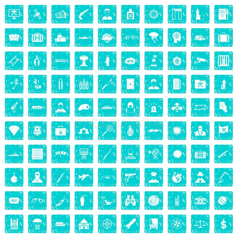 100 antiterrorism icons set in grunge style blue color isolated on white background vector illustration. 100 antiterrorism icons set in grunge style blue color isolated on white background vector illustration