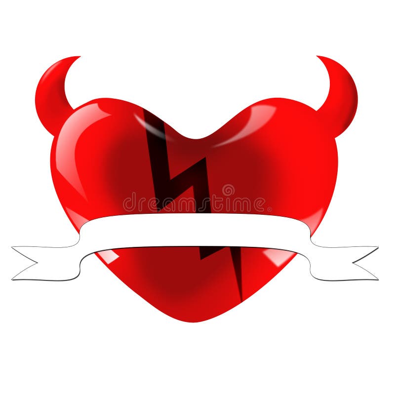 Red devils valentine heart with horn and ribbon. Red devils valentine heart with horn and ribbon