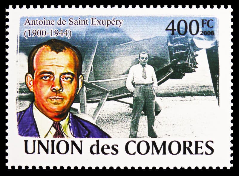 MOSCOW, RUSSIA - APRIL 20, 2021: Postage stamp printed in Comoros shows Antoine de Saint-ExupÃ©ry (1900-1944), Mini sheet Pilots, Aviators serie, circa 2009. MOSCOW, RUSSIA - APRIL 20, 2021: Postage stamp printed in Comoros shows Antoine de Saint-ExupÃ©ry (1900-1944), Mini sheet Pilots, Aviators serie, circa 2009