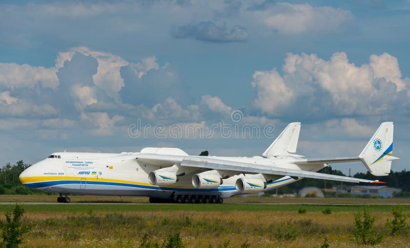 AN-225 Antonov Mriya departed from the Kyiv-Antonov-2 International Airport to perform commercial cargo shipping flight. AN-225 is the world`s largest transport aircraft. July 2021. AN-225 Antonov Mriya departed from the Kyiv-Antonov-2 International Airport to perform commercial cargo shipping flight. AN-225 is the world`s largest transport aircraft. July 2021