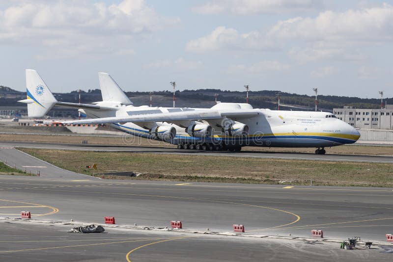 ISTANBUL, TURKEY - OCTOBER 05, 2021: Antonov Airlines Antonov An-225 Mriya landing to Istanbul International Airport. ISTANBUL, TURKEY - OCTOBER 05, 2021: Antonov Airlines Antonov An-225 Mriya landing to Istanbul International Airport