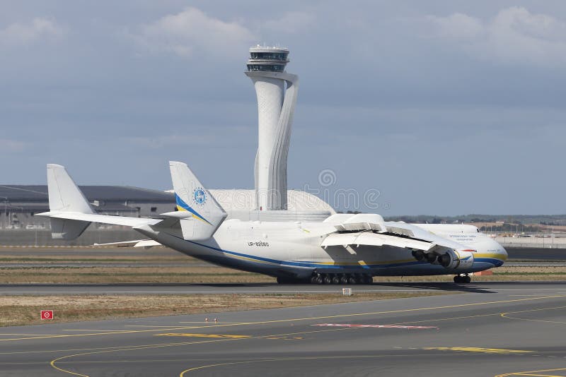 ISTANBUL, TURKEY - OCTOBER 05, 2021: Antonov Airlines Antonov An-225 Mriya landing to Istanbul International Airport. ISTANBUL, TURKEY - OCTOBER 05, 2021: Antonov Airlines Antonov An-225 Mriya landing to Istanbul International Airport