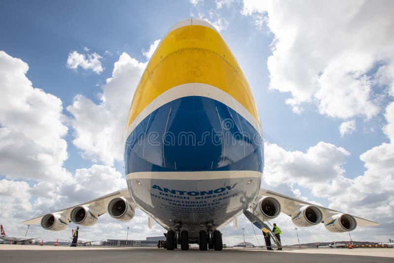 ISTANBUL, TURKEY - OCTOBER 05, 2021: Antonov Airlines Antonov An-225 Mriya in Istanbul International Airport. ISTANBUL, TURKEY - OCTOBER 05, 2021: Antonov Airlines Antonov An-225 Mriya in Istanbul International Airport