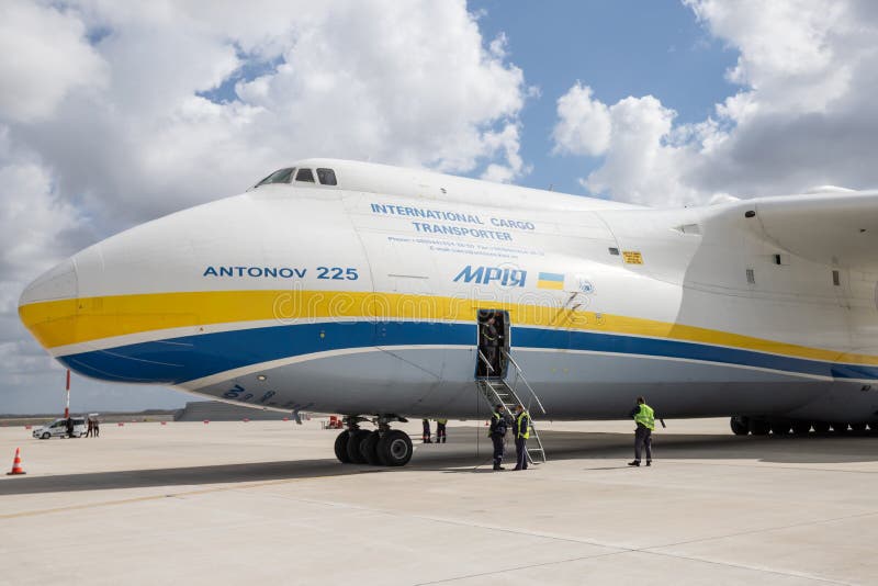 ISTANBUL, TURKEY - OCTOBER 05, 2021: Antonov Airlines Antonov An-225 Mriya in Istanbul International Airport. ISTANBUL, TURKEY - OCTOBER 05, 2021: Antonov Airlines Antonov An-225 Mriya in Istanbul International Airport