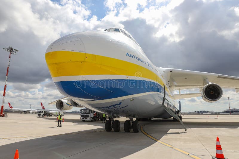 ISTANBUL, TURKEY - OCTOBER 05, 2021: Antonov Airlines Antonov An-225 Mriya in Istanbul International Airport. ISTANBUL, TURKEY - OCTOBER 05, 2021: Antonov Airlines Antonov An-225 Mriya in Istanbul International Airport