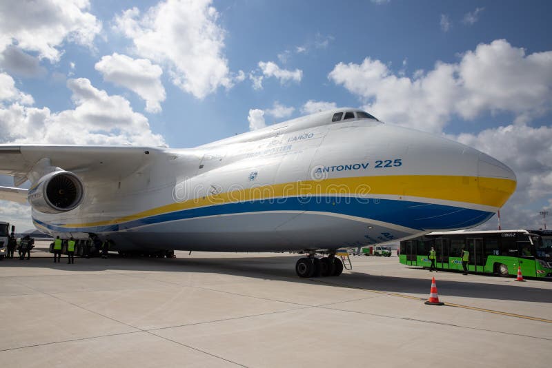 ISTANBUL, TURKEY - OCTOBER 05, 2021: Antonov Airlines Antonov An-225 Mriya in Istanbul International Airport. ISTANBUL, TURKEY - OCTOBER 05, 2021: Antonov Airlines Antonov An-225 Mriya in Istanbul International Airport