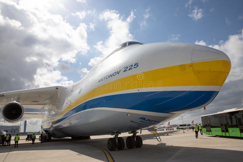 ISTANBUL, TURKEY - OCTOBER 05, 2021: Antonov Airlines Antonov An-225 Mriya in Istanbul International Airport. ISTANBUL, TURKEY - OCTOBER 05, 2021: Antonov Airlines Antonov An-225 Mriya in Istanbul International Airport