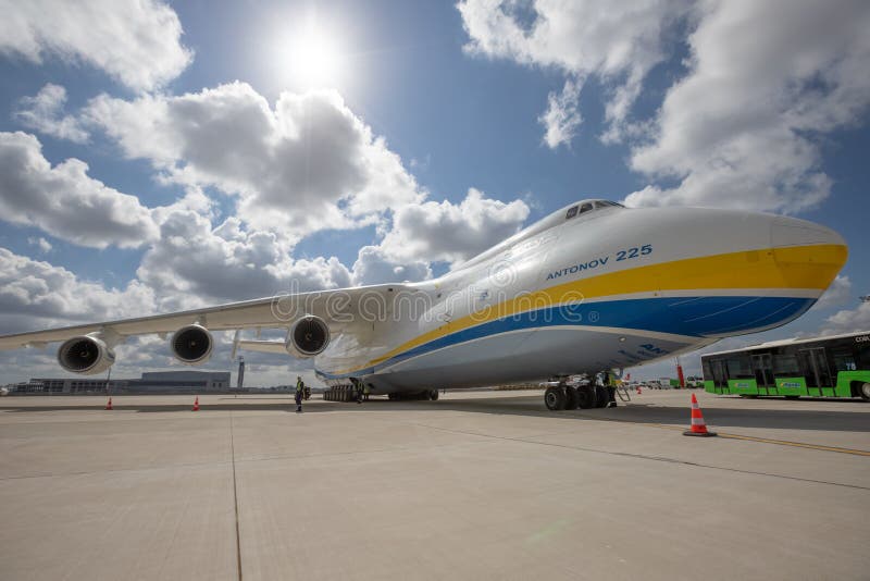 ISTANBUL, TURKEY - OCTOBER 05, 2021: Antonov Airlines Antonov An-225 Mriya in Istanbul International Airport. ISTANBUL, TURKEY - OCTOBER 05, 2021: Antonov Airlines Antonov An-225 Mriya in Istanbul International Airport