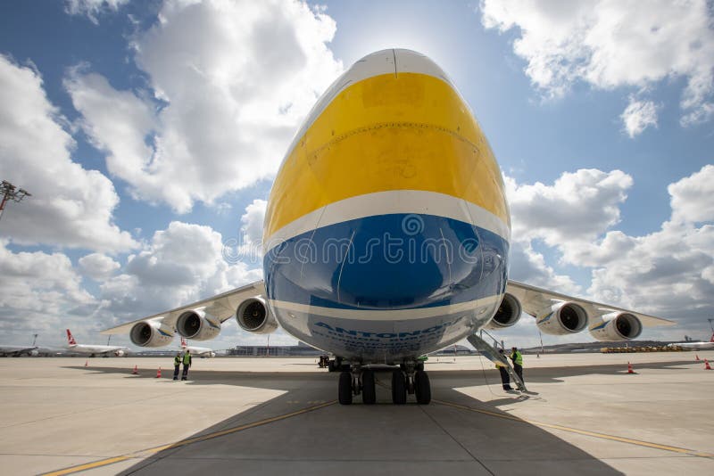 ISTANBUL, TURKEY - OCTOBER 05, 2021: Antonov Airlines Antonov An-225 Mriya in Istanbul International Airport. ISTANBUL, TURKEY - OCTOBER 05, 2021: Antonov Airlines Antonov An-225 Mriya in Istanbul International Airport