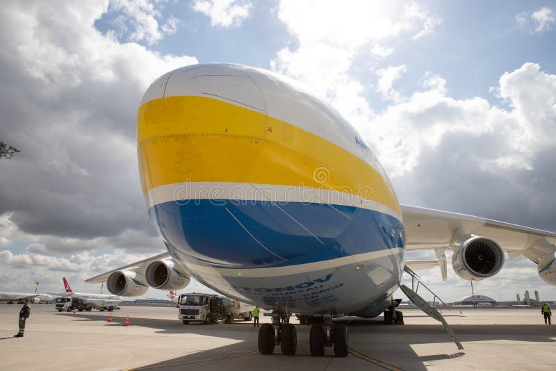 ISTANBUL, TURKEY - OCTOBER 05, 2021: Antonov Airlines Antonov An-225 Mriya in Istanbul International Airport. An-225 was destroyed when Russian forces attacked Hostomel Airport on February 2022. ISTANBUL, TURKEY - OCTOBER 05, 2021: Antonov Airlines Antonov An-225 Mriya in Istanbul International Airport. An-225 was destroyed when Russian forces attacked Hostomel Airport on February 2022.