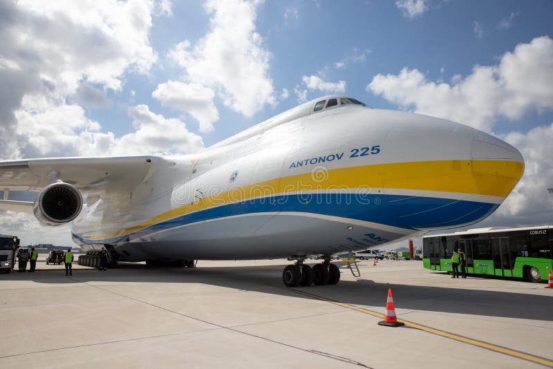 ISTANBUL, TURKEY - OCTOBER 05, 2021: Antonov Airlines Antonov An-225 Mriya in Istanbul International Airport. An-225 was destroyed when Russian forces attacked Hostomel Airport on February 2022. ISTANBUL, TURKEY - OCTOBER 05, 2021: Antonov Airlines Antonov An-225 Mriya in Istanbul International Airport. An-225 was destroyed when Russian forces attacked Hostomel Airport on February 2022.