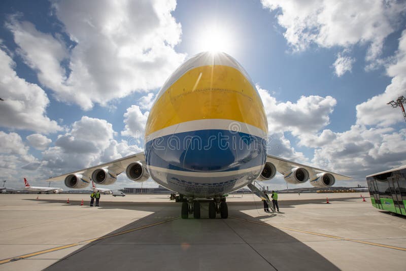 ISTANBUL, TURKEY - OCTOBER 05, 2021: Antonov Airlines Antonov An-225 Mriya in Istanbul International Airport. An-225 was destroyed when Russian forces attacked Hostomel Airport on February 2022. ISTANBUL, TURKEY - OCTOBER 05, 2021: Antonov Airlines Antonov An-225 Mriya in Istanbul International Airport. An-225 was destroyed when Russian forces attacked Hostomel Airport on February 2022.