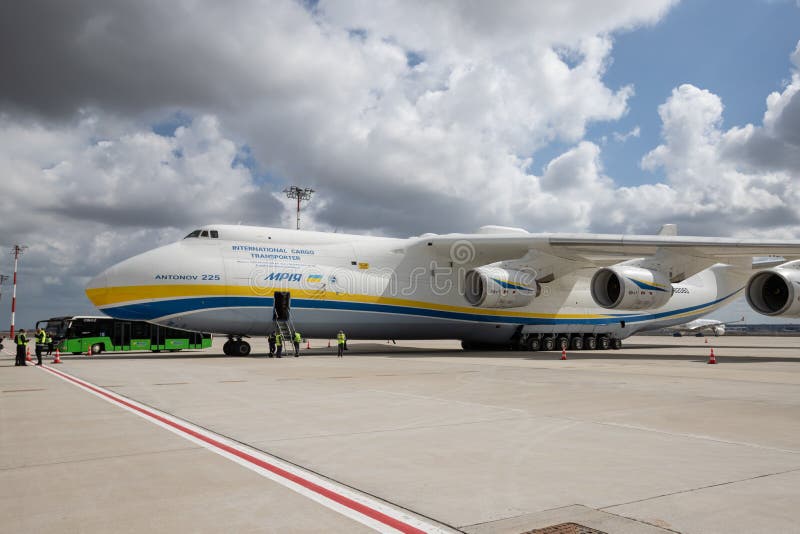 ISTANBUL, TURKEY - OCTOBER 05, 2021: Antonov Airlines Antonov An-225 Mriya in Istanbul International Airport. An-225 was destroyed when Russian forces attacked Hostomel Airport on February 2022. ISTANBUL, TURKEY - OCTOBER 05, 2021: Antonov Airlines Antonov An-225 Mriya in Istanbul International Airport. An-225 was destroyed when Russian forces attacked Hostomel Airport on February 2022.
