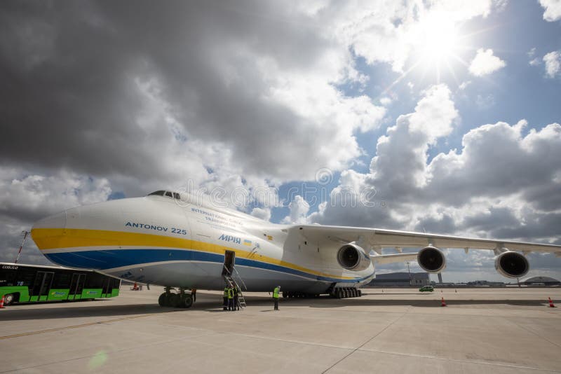 ISTANBUL, TURKEY - OCTOBER 05, 2021: Antonov Airlines Antonov An-225 Mriya in Istanbul International Airport. An-225 was destroyed when Russian forces attacked Hostomel Airport on February 2022. ISTANBUL, TURKEY - OCTOBER 05, 2021: Antonov Airlines Antonov An-225 Mriya in Istanbul International Airport. An-225 was destroyed when Russian forces attacked Hostomel Airport on February 2022.