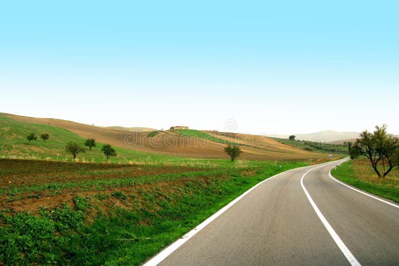 Road, Driving in the green gold Country. Summer travel background. Sicily. Road, Driving in the green gold Country. Summer travel background. Sicily