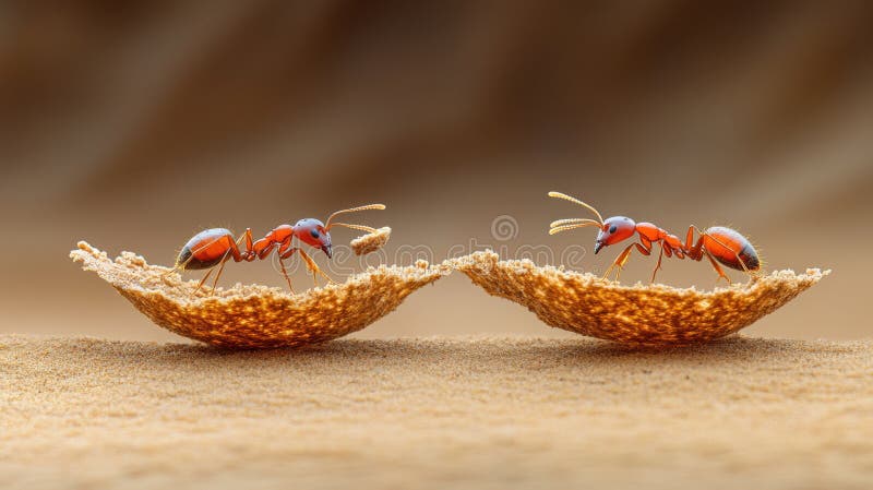 Ants Building Bridge. Two red ants collaboratively construct a bridge using a piece of crumb, showcasing teamwork and insect architecture in a desert setting. The image features exceptional detail and depth of field.