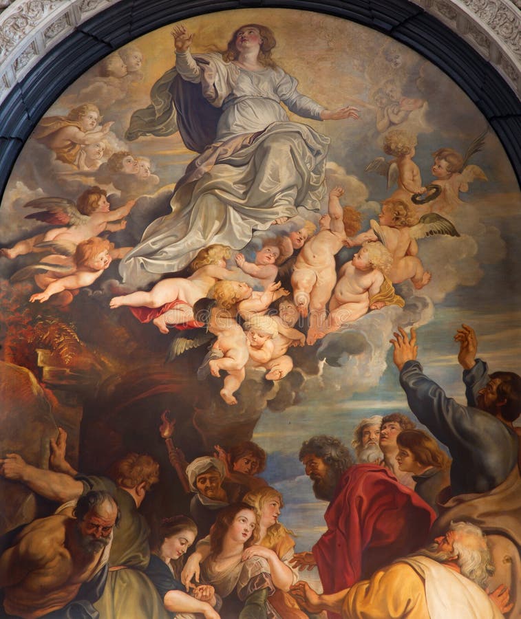 Antwerp - The Assumption of the Blessed Virgin Mary, a copy after Peter Paul Rubens (1613) in Lady Chapel in st. Charles Borromeo. Church on September 5, 2013 royalty free stock photo Antwerp - The Assumption of the Blessed Virgin Mary, a copy after Peter Paul Rubens (1613) in Lady Chapel in st. Charles Borromeo. Church on September 5, 2013 royalty free stock photo