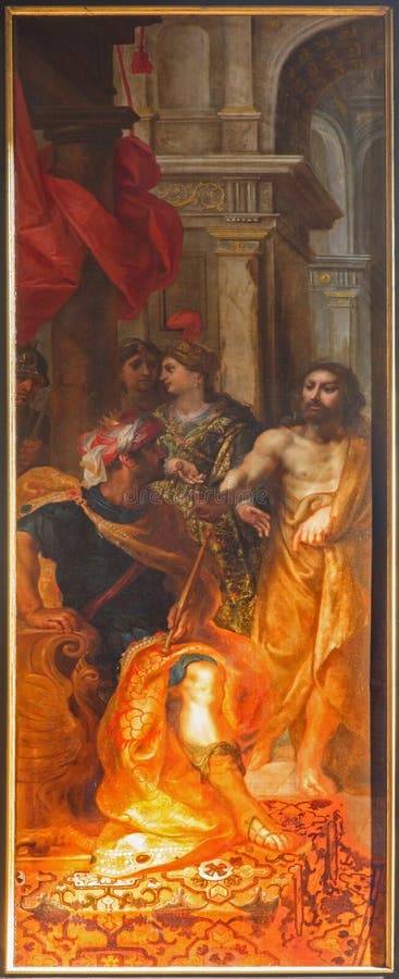 Antwerp - St John det baptistiskt för Herodes av Van Balen H. de Oude (1560-1632) som delen av triptyken i domkyrkan av vår dam royaltyfria bilder Antwerp - St John det baptistiskt för Herodes av Van Balen H. de Oude (1560-1632) som delen av triptyken i domkyrkan av vår dam royaltyfria bilder