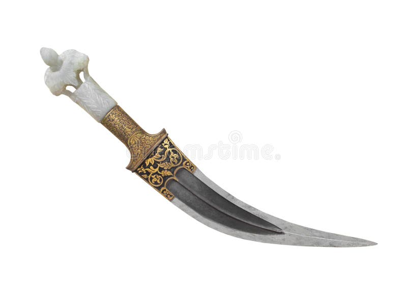 Ancient Persian fancy curved blade dagger called a dirk, with gold inlay. Isolated on white. Ancient Persian fancy curved blade dagger called a dirk, with gold inlay. Isolated on white.