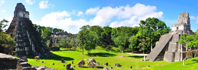 Ancient Maya temples in Tikal, the archaeological site and urban center of the pre-Columbian Maya civilization, Guatemala. Ancient Maya temples in Tikal, the archaeological site and urban center of the pre-Columbian Maya civilization, Guatemala