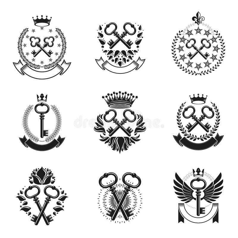 Antyczni kluczy emblematy ustawiający Heraldyczny żakiet ręka dekoracyjni logowie ilustracja wektor