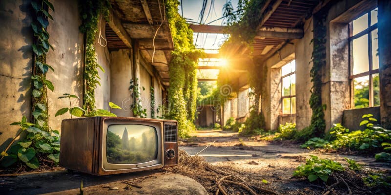 Antyczny telewizor spoczywa pośród zarośniętych ruin zapomnianej struktury kąpanej w złotym świetle słońca.. ilustracja wektor