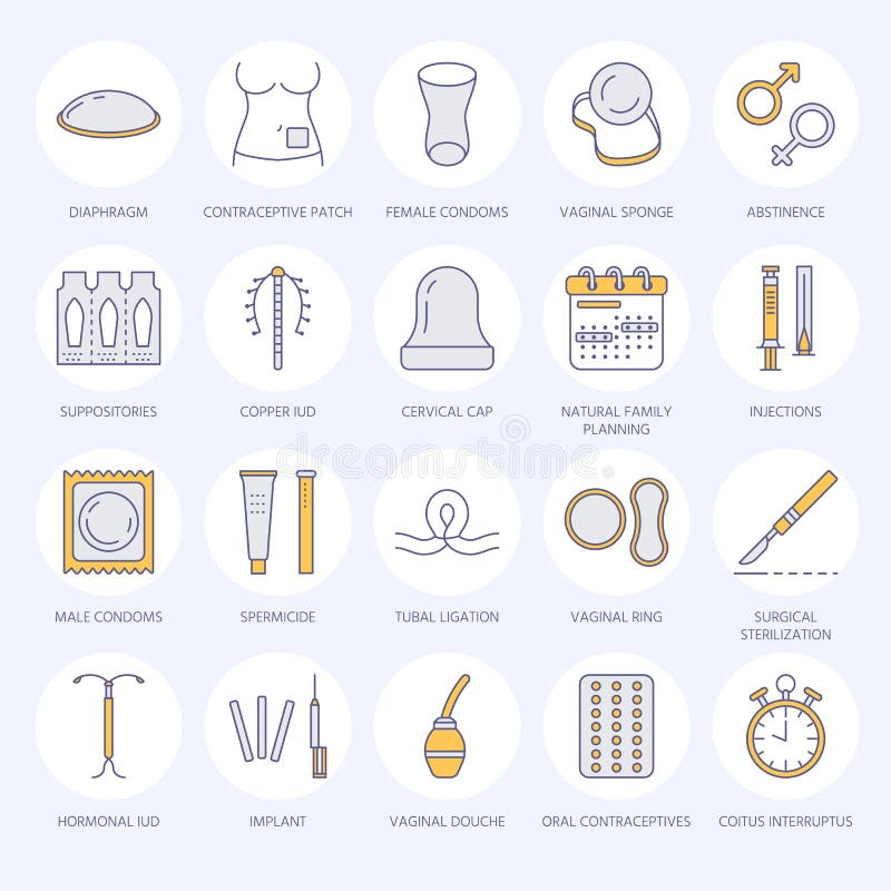 Antykoncepcyjnych metod kreskowe ikony Kontrola urodzin wyposażenie, kondomy, oralni antykoncepcyjny, iud, bariery antykoncepcja ilustracja wektor Antykoncepcyjnych metod kreskowe ikony Kontrola urodzin wyposażenie, kondomy, oralni antykoncepcyjny, iud, bariery antykoncepcja ilustracja wektor