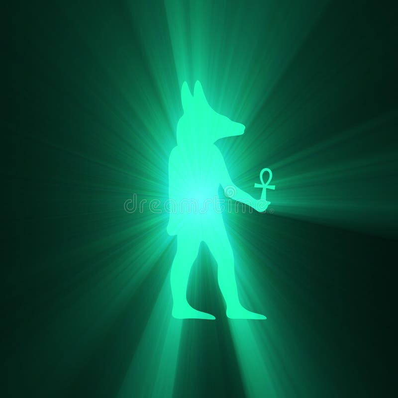 Anubis che tiene il chiarore egiziano della luce di simbolo di Ankh illustrazione di stock Anubis che tiene il chiarore egiziano della luce di simbolo di Ankh illustrazione di stock
