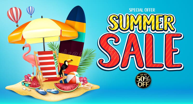 Anuncio de la bandera de la venta del verano de la oferta especial en fondo azul con el tucán realista, flamenco libre illustration Anuncio de la bandera de la venta del verano de la oferta especial en fondo azul con el tucán realista, flamenco libre illustration