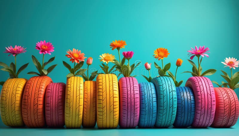 Anvelope colorate cu flori vibrante. Unic artă creativă upcycled ecoffriendly grădină decor. Aranjament floral sezonier de vară vector illustration
