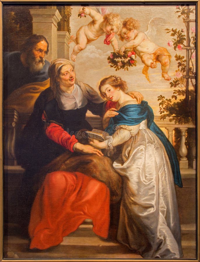 Anvers - peinture Vierge Marie et de sa mère St Ann, et St Joachim de père dans le couloir latéral de l'église de St Pauls (Paulsk
