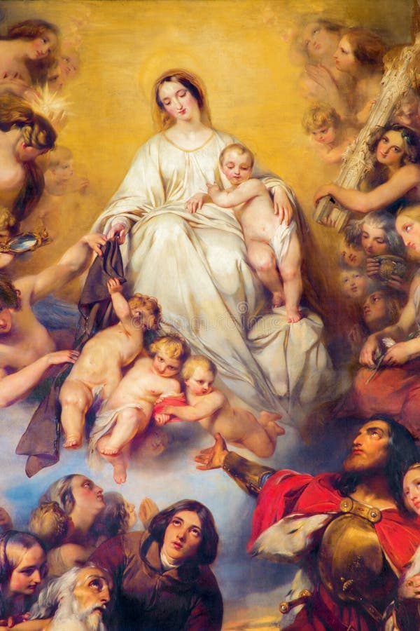 Anversa - dettaglio della nostra signora dalla pittura di Carmel da G. Wappers da un'estremità. del centesimo 19. sull'altare prin fotografia stock