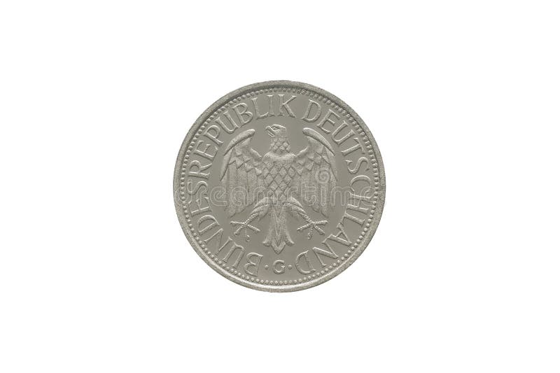 Anverso de la moneda de alemania 1 marca 1990 aislado de fondo blanco. cerrar fotos de archivo libres de regalías