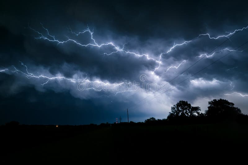 Multiple forked and branched lightning bolts in the sky over northeastern Nebraska.