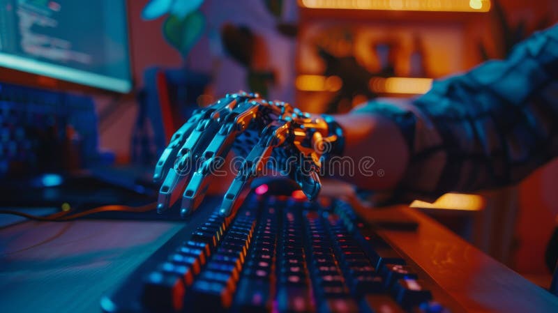 Använda en bionisk hand för att skriva programvarukod på natten när du använder en protesarm. en programmerare med funktionshinder. en programmerare med funktionsnedsättning använder sin protesarm för att driva ett datortangentbord. ai genererad.