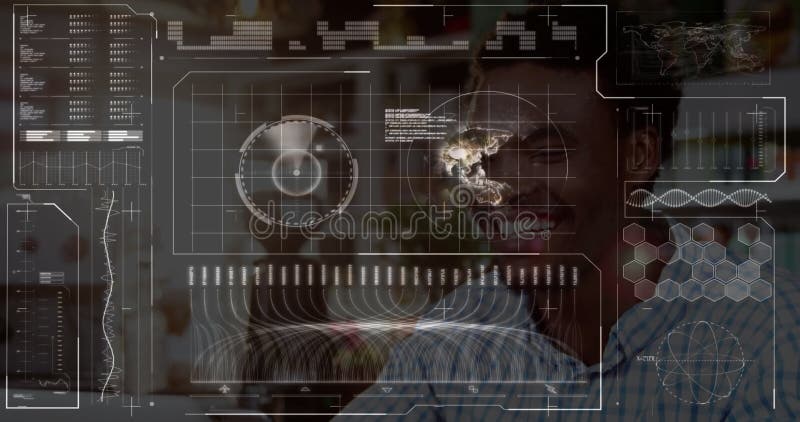 Använda futuristisk digital gränssnittsman som leker med global datanimering överlägg arkivfilmer