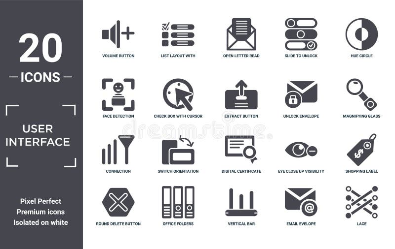 Användargränssnittsikonuppsättning. inkludera kreativa element som volymeknapp hal upplås kuvert digitalt certifikatkontor stock illustrationer