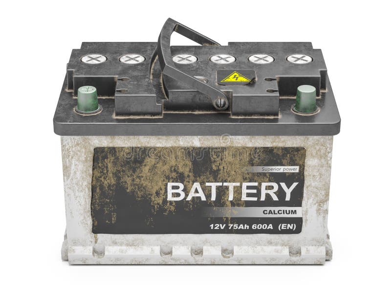Använt smutsigt bilbatteri isolerat på vit bakgrund 3d stock illustrationer Använt smutsigt bilbatteri isolerat på vit bakgrund 3d stock illustrationer