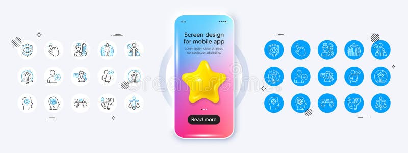Anxiety, Social distance and Eye detect line icons. For web app, printing. Phone mockup with 3d star icon. Vector royalty free illustration
