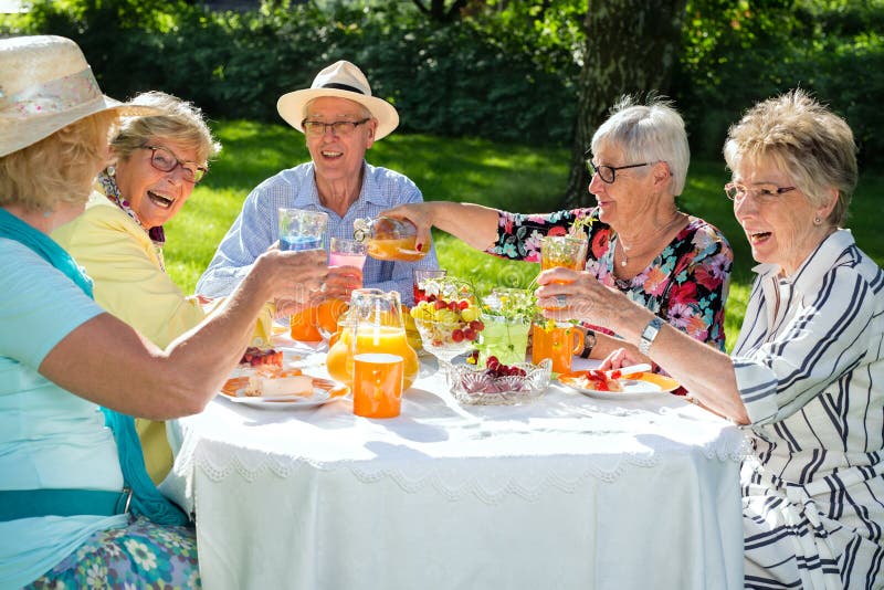 Anziani felici che si siedono intorno alla tavola che fa un picnic immagini stock libere da diritti Anziani felici che si siedono intorno alla tavola che fa un picnic immagini stock libere da diritti