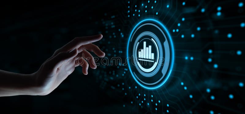 Análisis datos analítica empresarial. botón de pulsación manual en la pantalla virtual. foto de archivo libre de regalías