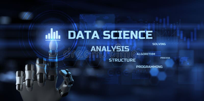 Análisis de análisis de ciencia de datos. botón de presión de brazo robótico en pantalla. stock de ilustración
